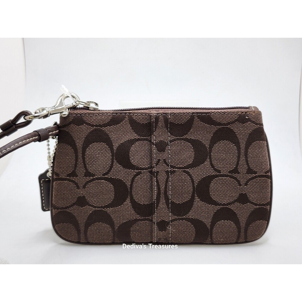 COACH Signature C Jacquard Corner Zip Wristlet~ Brown Leather ~Trigger Snap